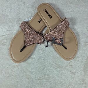 Muk Luks Luk*ees Pink Rose Gold Beaded Thong Sandal L 9/10 Beach Cruise Vacay